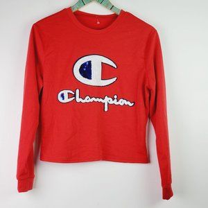 Champion Sequin Logo Long Sleeve Cropped Top, Sz Large